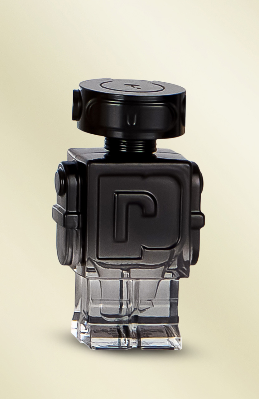 A robot-shaped bottle with a black top, designed by Paco Rabanne.